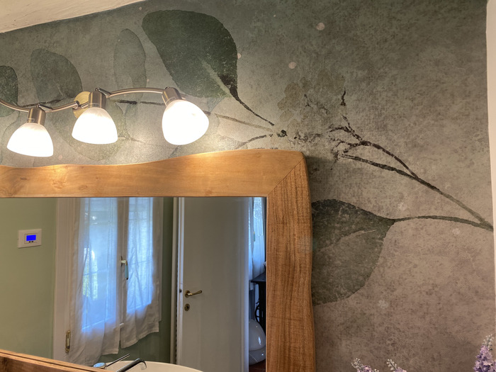immagine specchio in legno e lampada da muro