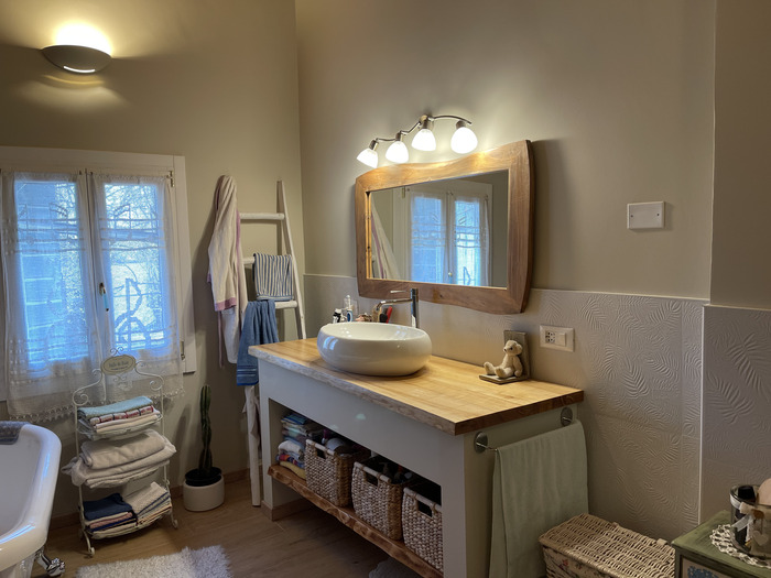 immagine bagno con specchio e lavandino rotondo